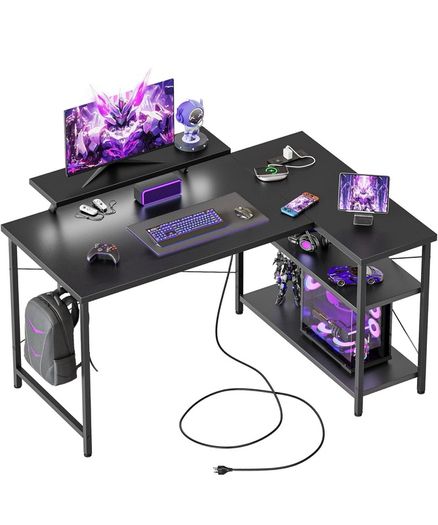 Small L-Shaped Desk with LED, 120x70cm Computer Desk with Monitor Stand