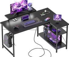Small L-Shaped Desk with LED, 120x70cm Computer Desk with Monitor Stand