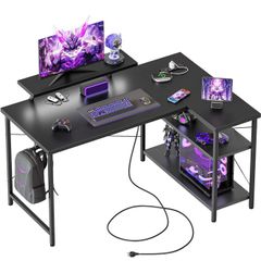 Small L-Shaped Desk with LED, 120x70cm Computer Desk with Monitor Stand