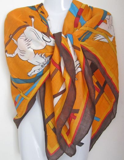 Stylish Ladies Large Orange Scarf Kerchief Wrap Shawl with White Horse Print
