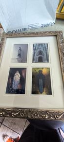 Large, ornate silver gold-toned, carved wooden frame containing a white multi-window mat holding four distinct religious and architectural art prints, including a statue of the Virgin Mary, a Gothic cathedral entrance, and devotional figures