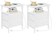 Narrow Bedside Table with Charging Station, with 2 Non-Woven Drawers, Slim Side Table with Power Outlets for Small Spaces, Living Room, White