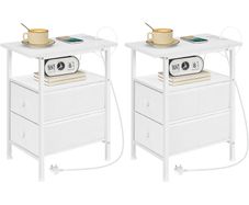 Narrow Bedside Table with Charging Station, with 2 Non-Woven Drawers, Slim Side Table with Power Outlets for Small Spaces, Living Room, White