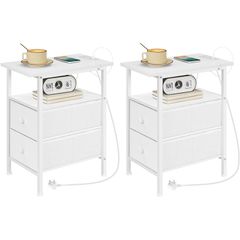 Narrow Bedside Table with Charging Station, with 2 Non-Woven Drawers, Slim Side Table with Power Outlets for Small Spaces, Living Room, White