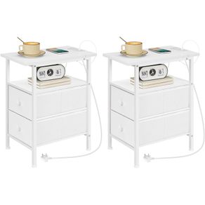 Narrow Bedside Table with Charging Station, with 2 Non-Woven Drawers, Slim Side Table with Power Outlets for Small Spaces, Living Room, White