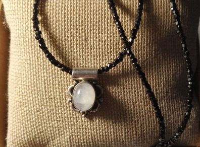 Handmade Moon Stone Sterling Silver and Antique Tiny Jet Beads Necklace