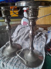 vintage pair of silver plate lamps