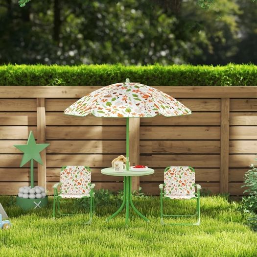 4-Piece Kids Garden Table and Chair Set with Adjustable Parasol, Folding Chairs, Table, Nature Pattern, Green