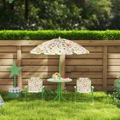 4-Piece Kids Garden Table and Chair Set with Adjustable Parasol, Folding Chairs, Table, Nature Pattern, Green