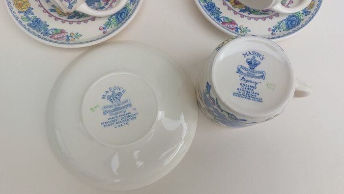 Beautiful and Rare Masons Patent Ironstone Set of Six Straight Sided Coffee/Tea Cup and Saucer Duos in the Regency Pattern, Circa 1950