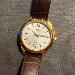 Seiko Quartz Brown Leather/Gold Face