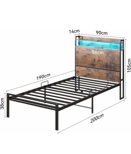 3ft Single Bed Frame with Storage Wooden Headboard, 90x190cm LED Light & Charging Station, Platform Metal Bed Frame Single, with Underbed Storage, Strong Metal Slat Support