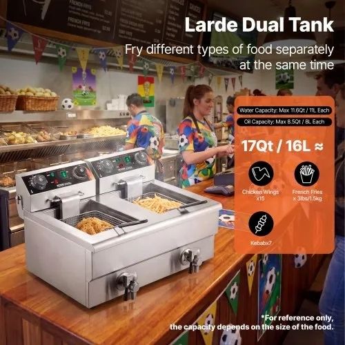 Commercial Deep Fryer, Dual Tank 3000W Electric Countertop Fryer with Basket, 2 x 11.6Qt/11L Double Stainless Steel Oil Fryer with Oil Filtration, Time & Temp Control, for Kitchen Restaurant Use