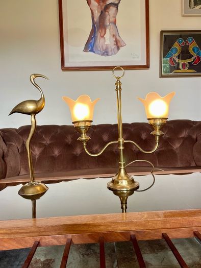 Vintage Repro Double Arm Student Library Desk Lamp Brass Finish 1970s