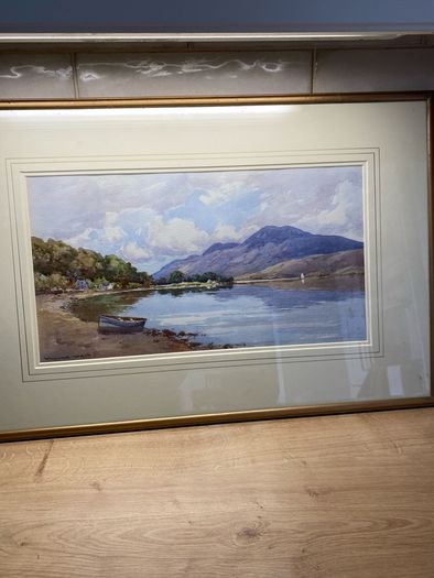 Vintage watercolour Painting Lake & Mountain Scene