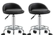 Set of 2 360 swivel rolling stools, seat adjustable 47-62H cm, chrome steel black synthetic upholstery