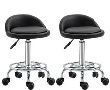 Set of 2 360 swivel rolling stools, seat adjustable 47-62H cm, chrome steel black synthetic upholstery