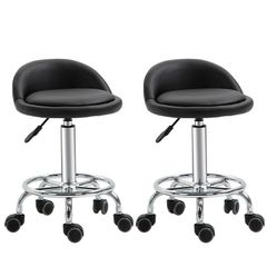 Set of 2 360 swivel rolling stools, seat adjustable 47-62H cm, chrome steel black synthetic upholstery