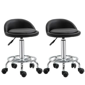 Set of 2 360 swivel rolling stools, seat adjustable 47-62H cm, chrome steel black synthetic upholstery