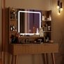 Dressing Table with Mirror and Lights, 3 Color Modes & Adjustable Brightness Modern Makeup Desk, Fluted Vanity Desk with 2 Drawers and 5 Storage Shelves, Bedroom Small Vanity Table Image 5