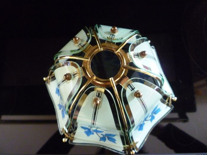 Glass Ceiling Light Shade Frosted Grey, Blue & Green, Gold Trim. SUPER CONDITION