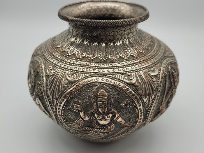 Antique Asian / Oriental White Metal Jar / Vase 19th Century Hand Decorated