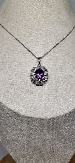 Sterling silver Victorian Shield Inspired Moroccan Amethyst , White Zircon Pendant with Chain (Size 20) in Rhodium Sterling Silver 1.880 Ct.