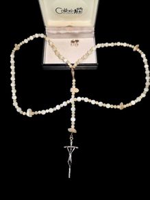 Vintage mother of pearl rosary beads necklace with pearl studs