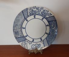 Fabulous & Unusual Large Blue and White 12.5" Charger or Display Plate by Wood & Sons in the Aesthetic Movement Inspired "Arabesque" Pattern