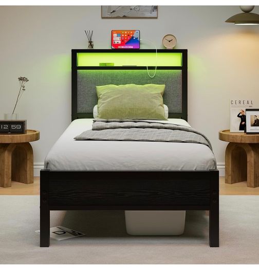 3FT Single Bed Frame with Storage Headboard, Black Metal Single Bed with Upholstered Headboard, LED Lights and Charging Station, Heavy Duty Metal Slats Support,Easy Assembly