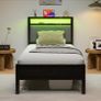 3FT Single Bed Frame with Storage Headboard, Black Metal Single Bed with Upholstered Headboard, LED Lights and Charging Station, Heavy Duty Metal Slats Support,Easy Assembly Image 5