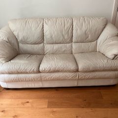 Cream leather 3 seater sofa and two armchairs