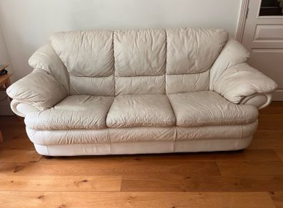 Cream leather 3 seater sofa and two armchairs