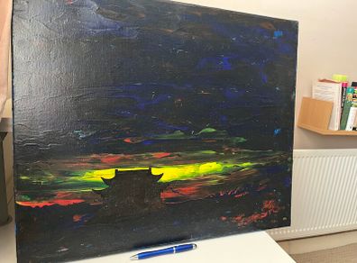 Large oil painting. Asian temple at night. By renowned Irish artist David Foley