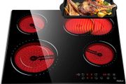 Ceramic Hob, 4 Zone Built-in Electric Hob 60cm, Ceramic Cooktop with Touch Control, 6600W, 9 Power Levels, Dual Ring Zone, Oval Zone, Timer, Child Lock, for All Pots, Hard Wired, without Plug