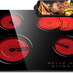 Ceramic Hob, 4 Zone Built-in Electric Hob 60cm, Ceramic Cooktop with Touch Control, 6600W, 9 Power Levels, Dual Ring Zone, Oval Zone, Timer, Child Lock, for All Pots, Hard Wired, without Plug