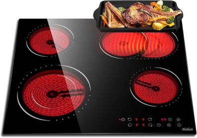 Ceramic Hob, 4 Zone Built-in Electric Hob 60cm, Ceramic Cooktop with Touch Control, 6600W, 9 Power Levels, Dual Ring Zone, Oval Zone, Timer, Child Lock, for All Pots, Hard Wired, without Plug