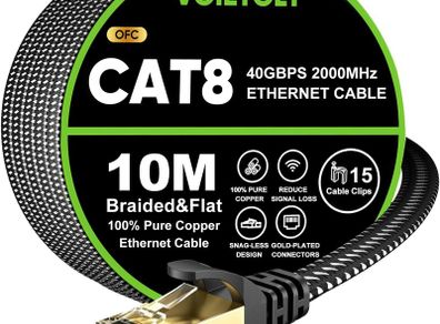 Cat 8 Ethernet Cable 10M, High-Speed 40Gbps/2000Mhz Flat Braided Internet Cable, Gigabit STP RJ45 Network Cable Compatible for PS4/5, for Modem, PC/Laptop