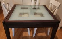 Extendable wood,  glass dining table set 3 white chairs