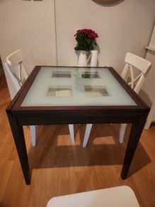 Extendable wood,  glass dining table set 3 white chairs