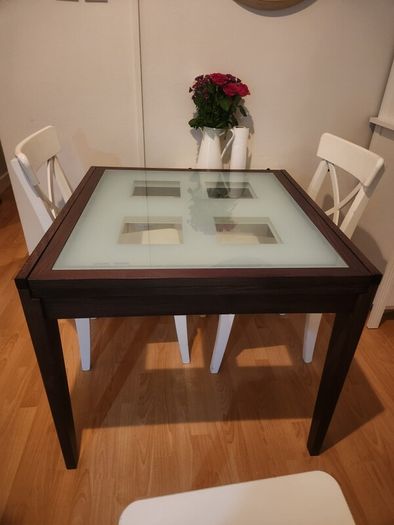 Extendable wood,  glass dining table set 3 white chairs