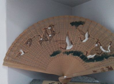 Wooden Hand Painted & Pierced Asian Fan