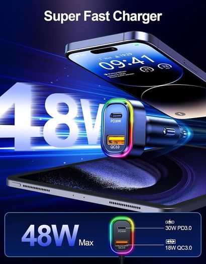 Bluetooth Car Adapter, Bluetooth 5.3 FM Transmitter for Car, 48W Dual USB Bluetooth Adapter with HiFi Sound & Bass Mode, Hands-Free Calling, Customizable RGB Light, Voice Assistant Support