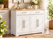 White Kitchen Island on Wheels with Extendable Worktop Drawers and Storage 113cm