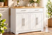 White Kitchen Island on Wheels with Extendable Worktop Drawers and Storage 113cm