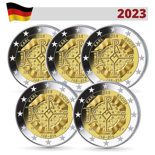 Germany 2 Euro Commemorative Coin 2023 - Charles the Great. All Mints (ADFGJ) . 5 coins. Uncirculated.