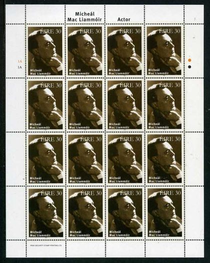 1999 Ireland Irish Actors and Actresses Michael Mac Liamnoir Commemorative Stamp Sheetlet Plate 1A1A Mint Never Hinged (MNH)
