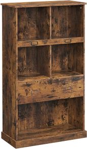 Bookcase, with 4 levels, bookcase, standing shelf, with label holders and one drawer, for office, living room, bedroom, 67.5 x 30 x 120 cm, vintage brown