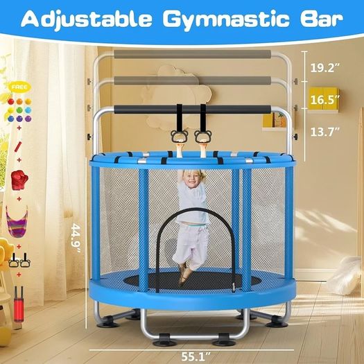 55" Trampoline for Kids with Enclosure, 440lbs Capacity Indoor & Outdoor Toddler Trampoline with Adjustable Gymnastics Bar & Toys, Gifts for Boys & Girls