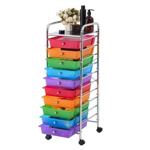 Rolling Cart with Drawers, 10 Drawer Storage Organizer, Mobile Utility Cart with Steel Frame, Universal Casters & 2 Brakes, Great for Office, Classroom, Craft Tools, Garage, Studio, Rainbow